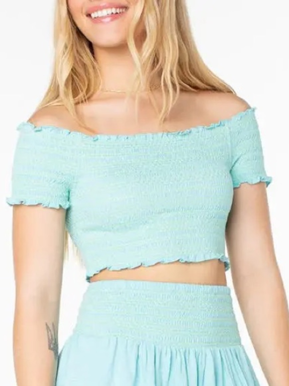 Roxy Lost Tides smocked off-the-shoulder crop top size Large